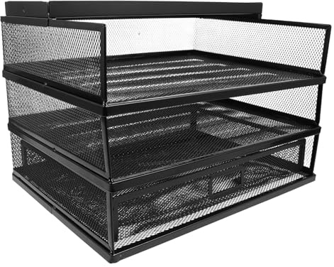 Gogogmee Organiseur de Dossiers en Métal Noir 3 Niveaux avec 1 Tiroir et Bac de Rangement Support Fichiers Multifonction pour Bureau Maison ou École Étagère Bureau Compacte pour