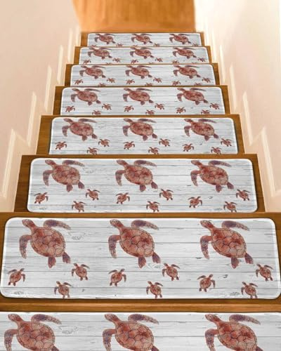 15 Pack Stair Treads for Wooden Steps, Red Sea Turtles on Wood Board Indoor Non-Slip Staircase Step Treads Carpet Mat, Vintage Marine Life Stair Mats for Pets Dogs Elders 8x30In