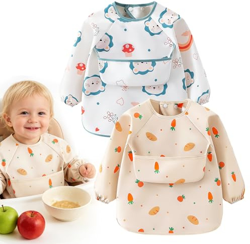 Yooyan 2er Baby Lätzchen mit Ärmeln, PU Wasserdicht, Verstellbar, 2–4 Jahre, Lätzchen Set, Fütterungsschürze für Jungen & Mädchen, zum Essen, Spielen & Malen