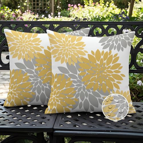 Ardjxue Cushion Covers Outdoor Garden 40 x 40 cm Waterproof Yellow Grey Dahlias Spring Summer Modern Decorative Set for Patio Balcony Living Room Sofa Garden Home Decoration Set of 2