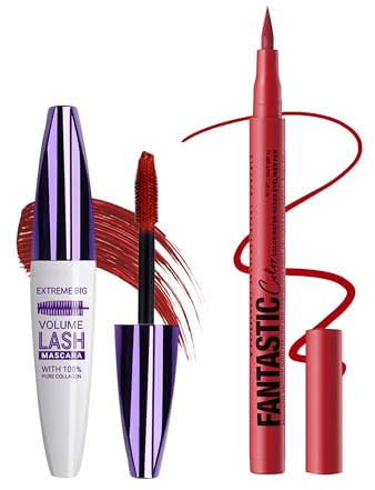 Rot Wimperntusche & Eyeliner Set, Wasserfest, Langhaltende, Wischfester | 5D Silk Fiber Telescopic Mascara Volumen und Länge, Schnelltrocknend Liquid Eyeliner, Hochpigmentiert Augen-Makeup für Frauen