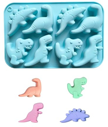 Fokroin Molde de Silicona para Dinosaurio, 8 hoyos, azul, molde de dinosaurio 3D para tartas, Antiadherente, para Decoración, Jabon, Bizcocho, Postre, Pastel Pequeño, Hornear
