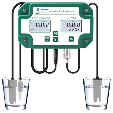 LLAWQSM Wassertester, Digitaler WiFi PH EC TDS Salt SG.Temp Meter Wasserqualitätstester 6-in-1 Multifunktions-Smart-Monitor APP-Steuerung