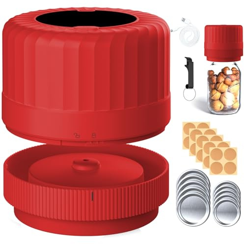 Sellador al Vacío Eléctrico para Tarros Mason – Kit Automático Rojo para Tapas Normales y de Boca Ancha, Rápido y Práctico para Conservas, Fermentados y Despensa