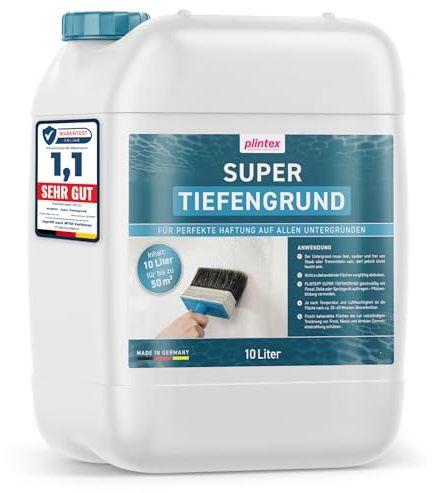 PLINTEX® Super Tiefengrund Innen & Außen 10 L für ca. 50m² | Universal Tiefgrund für Fliesen, Beton, Wand, Putz & Holz - Haftgrund & Sperrgrund, Grundierung geruchsarm I Made in Germany