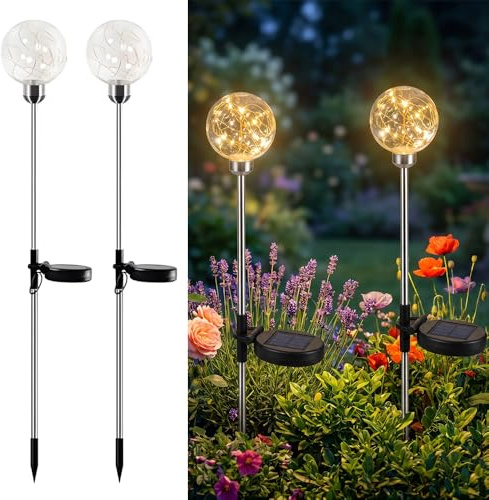 YOFHPT 2 Pack Solar Fairy Globe Lights Outdoor Garden, 70cm Solar Ball Lights, 8cm Sol-ar Stake Lig-hts Outdoor Garden, Solar Pathway Lig-hts for Lawn Yard Terrace Pathway Decoration