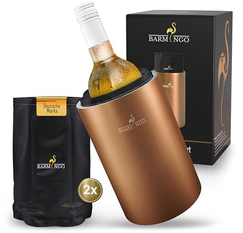 BARMINGO Weinkühler Edelstahl mit Kühlakkus – Getränkekühler & Flaschenkühler für Wein, Sekt, Champagner | Sektkühler doppelwandig mit Kühlmanschetten | Wine Cooler/Wein Kühler, Kupfer