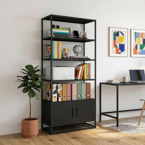 [en.casa] Bücherregal mit Schrank Hailuoto Regal mit Türen 80 x 40 x 180 cm Standregal 4 offene Fächer für Büro Wohnzimmer Homeoffice Stahl Schwarz, matt