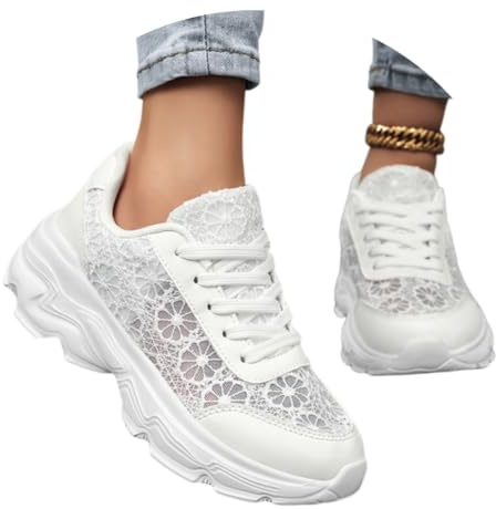 Chaussures dirndl en tissu pour femme - Blanc - Baskets d'été blanches - Pour la dentelle - Chaussures plates pour femme - Élégantes et confortables