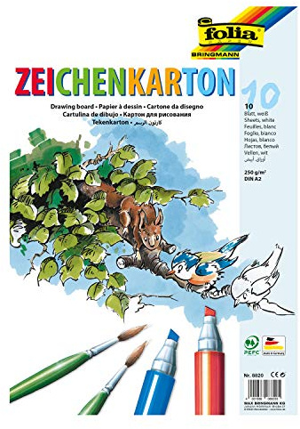 Folia - Confezione da 10 Fogli di Carta da Disegno, 250 g/m², Formato A2, 615317, Colore: Bianco