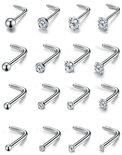 Monily 20g Surgical Nose Stud 16pcs Stainless Steel Nose Ring Stud for Women L Shape Nose Stud 1.5 mm 2 mm 2.5 mm 3 mm CZ Body Piercing for Women Men