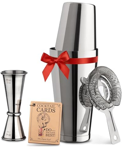 Cocktail Shaker Boston Shaker Set: Professional Weighted Martini Shakers, Cocktail Strainer and Japanese Jigger | Portable Bar Shaker Set for Drink Mixer Bartending | Exclusive Recipes Cards (Silver)
