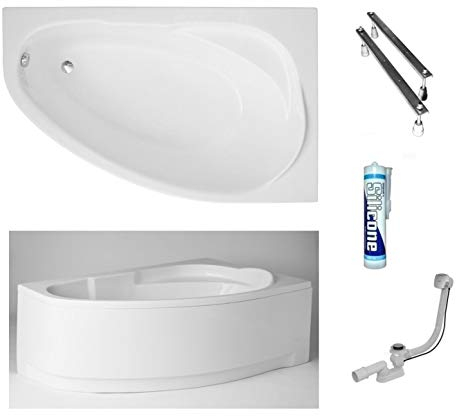 ECOLAM® Badewanne Wanne Eckwanne Eckbadewanne Acryl weiß Marea Polimat 150x100 cm RECHTS+ Schürze Ablaufgarnitur Ab- und Überlauf Automatik Füße Silikon Komplett-Set