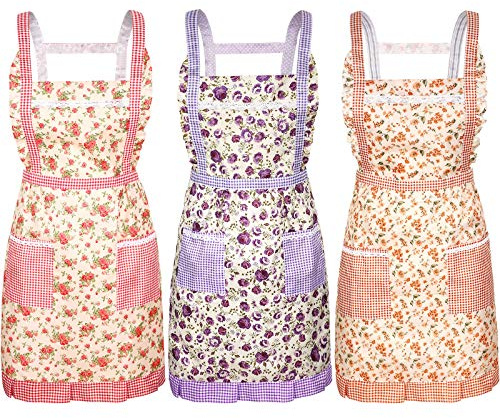 Syhood 3 Pieces Women Floral Aprons with Pockets Vintage Flower Kitchen Cooking Aprons with Adjustable Strap Cute Apron for Kitchen Baking Gardening Household Cleaning Gift Supplies