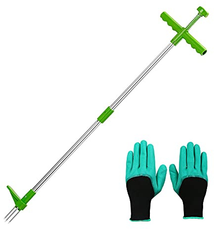 Unkrautstecher Teleskop, Unkrautentferner mit Stiel Höhenverstellbar 54-100cm Ohne Bücken, Im Stehen Edelstahl Dreizack Zum Drehen, für Entfernen Löwenzahn Disteln und Unkraut usw (Mit Handschuhen)