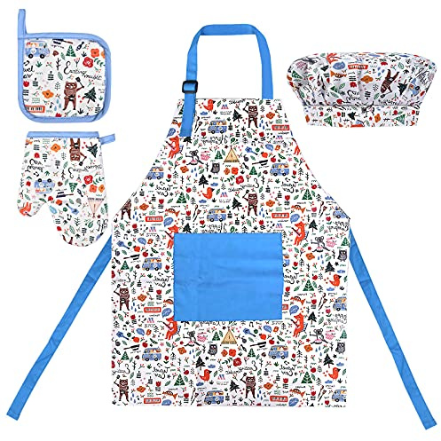 Chstarina Kinderschürze Baumwolle - Verstellbare Kochschürze Mit Kochmütze Und Kochhandschuhen - Küchenschürze Malschürze Backset Zum Kochen Backen