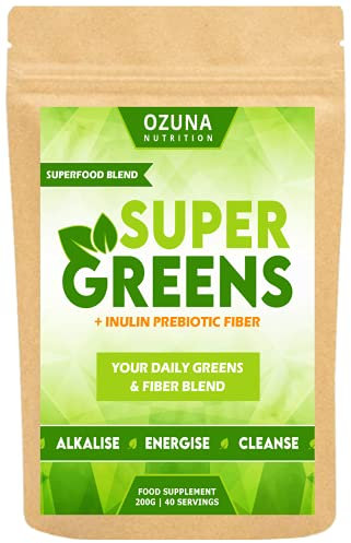 Super Greens Powder, Alkaline Superfoods Smoothie Booster with Inulin Prebiotic Fiber, 40 Servings