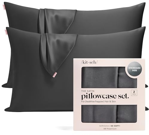 Kitsch 100% Satin Pillowcase with Zipper, Softer Than Silk Pillowcase for Hair & Skin, Cooling Pillow case, Satin Pillow Case Cover (Standard/Queen (2 Pack), Charcoal)