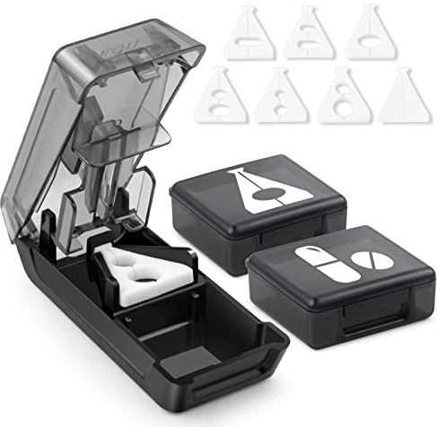 Fullicon Pill Cutter for Small or Large Pills, Splitter With V-Shape Holder, Medicine Slicer With Sharp Blade, Two Large Organizers - Black