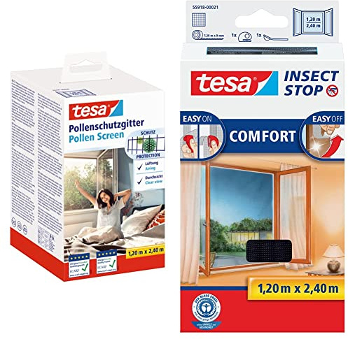 tesa Pollenschutzgitter - zuschneidbarer, transparenter Pollenschutz für Allergiker Anthrazit - 120 cm x 240 cm & Insect Stop COMFORT Fliegengitter für bodentiefe Fenster anthrazit, 120 cm x 240 cm