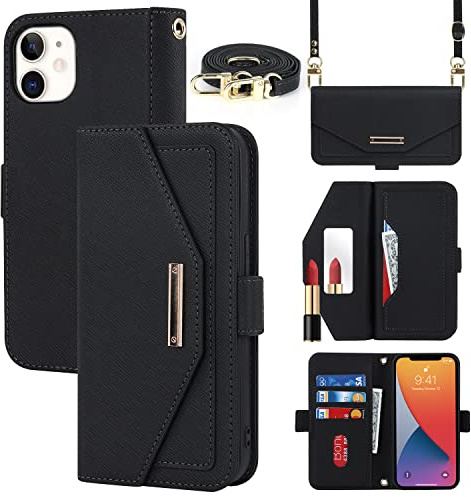 CAVOR Handykette Handyhülle kompatibel mit iPhone 12/12 Pro Hülle Mit Band,Flip Leder Geldbörse Handyhülle,[Spiegel][5 Kartenfach][Magnetisch],Klapphülle Handytasche zum umhängen - Schwarz