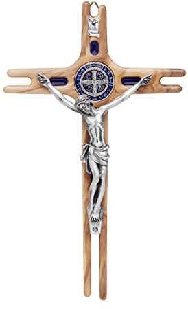Mondo Cattolico - Crucifijo pared católico madera de olivo con medallas esmaltada. Crucifijo de Jesús de 19 cm x 12 cm.