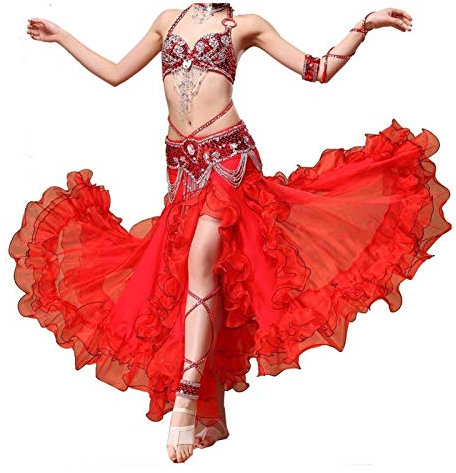 Bauchtanz-Kostüm, Kleid, BH, Gürtel, Rock, Tanzröcke, Kleider, Damen, Kleidung, langärmelig, Oberteile, BH, Bund, Maxirock, Anzug, sexy Bauchkleidung, Kleid (Königsblau, L)