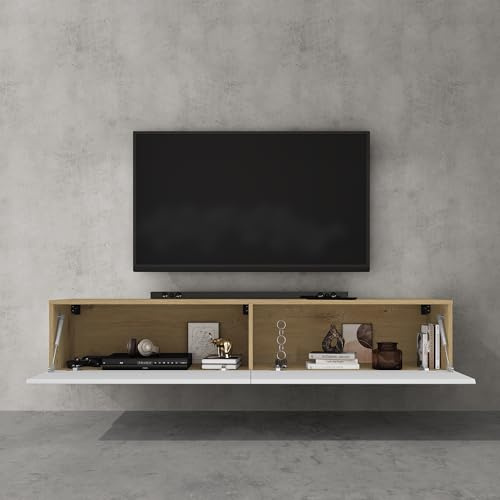 doporro TV Lowboard Schrank mit Gasdruckfedern Fernsehschrank hängend | TV Board mit Klapptür, viel Stauraum, Wand Fernsehtisch in Kerneiche und Matt Weiß, Breite: 160 cm, Fernsehschrank02