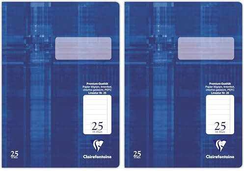 Clairefontaine 331025C - Heft ideal für die Schule, DIN A4, 16 Blatt, 90g, Lineatur 25 liniert mit Rand, Blau, 1 Stück (Packung mit 2)