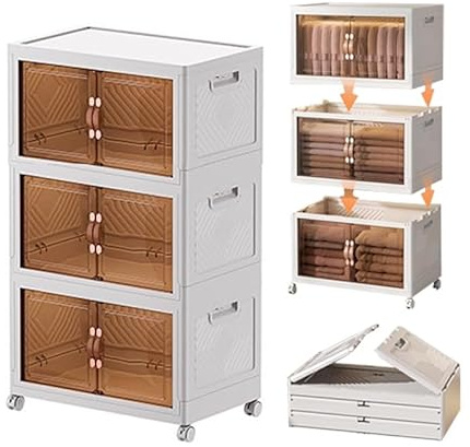 PAIDE P Aufbewahrungsbox mit Deckel und Stapelbarem System, Plastikbox mit Deckel zur Aufbewahrung. Schubladenschrank von Kleidung und Spielzeug mit Rädern. (3 Fächer, 60 cm)