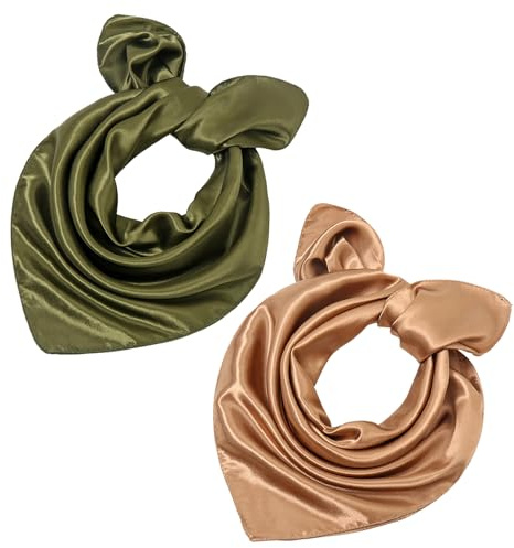 ZALHIN 2 Stück Seidentuch Bandana, Elegante Halstuch Kopftuch Schal Tuch Geschenk, Damen Seidiger Quadratischer Schal, Einfarbige Halstuch (Braun und Grün)