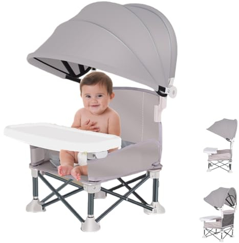 Silla de comedor plegable para bebé con parasol desmontable, portátil con bandeja extraíble para interiores y exteriores, silla plegable para alimentación/camping para regalo del día del niño (gris)
