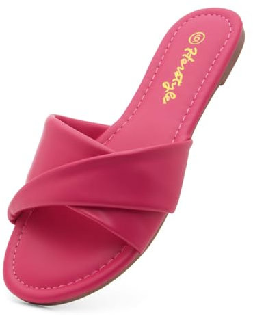 Herstyle Flat Sandals for Women, Casual Slide Sandals with Cushioned Footbed, Slip On Open Toe Summer Shoes for Beach Travel Everyday Wear, Fuchsia, Size 10.0, Marlena