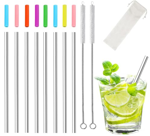 Lot de 8 pailles courtes en métal pour cocktails, mini pailles réutilisables avec brosse de nettoyage, embouts en silicone et pochette