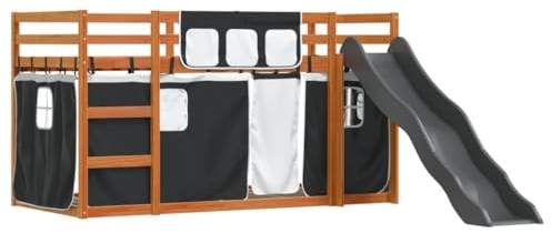 vidaXL Etagenbett, Kinderbett Spielbett mit Rutsche Gardinen, Hochbett Bett für Kinder, Stockbett Bettgestell mit Lattenrost Rausfallschutz, Weiß Schwarz 90x200cm