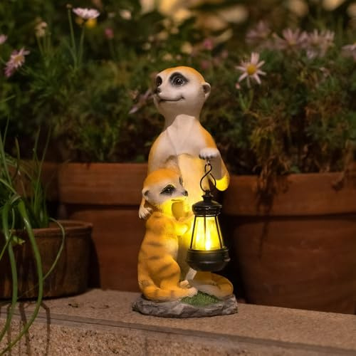 Tuzsocr Solar Erdmännchen Gartenfigur mit Solarlaterne, Kunstharz, Stil 1 | Solarbetriebene Laterne leuchtet automatisch bei Dunkelheit, wetterfeste Harzfigur für Garten, Terrasse und Fensterbank