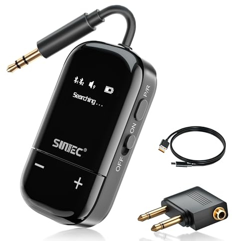 Upgraded Bluetooth 5.3 Adapter für Flugzeug, Kabelloser Audio-Transmitter | OLED Display Qualcomm Chip aptX Adaptive 25H Akku 3.5 mm AUX Klinke Sender für 2 Kopfhörer wie Airpods auf Reisen/Airplane