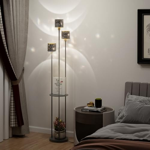 YU YUSING Lampadaire sur Pied 3 Abat-Jours Étoilés 2 Étagères Lampe Liseuse | Interrupteur au Pied, Douille E14, Lampe de Lecture, Lampadaire sur Pied Salon Noir, Sans Ampoule