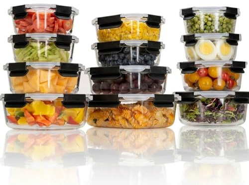 HOUSZY Glass Food Storage Containers with Lids, Set of 12, Black | Borosilicate, airtight leakproof lids, oven and freezer safe, dishwasher safe. Meal prep