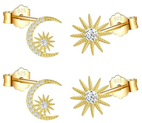 HinDaLi 2 Paires Boucles d'oreilles Femme Lune et Soleil Asymétriques Boucles d'oreilles en Argent 925 pour Femme Fille Boucles d Oreilles Soleil Lune Étoiles Diamant Clous d'oreilles Or Zirconium