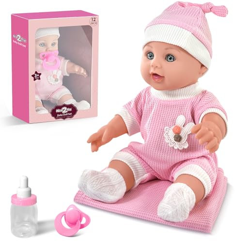 30cm Baby Puppe ab 1 Jahren, Baby Puppen Set mit Zubehör Enthält Abnehmbares Rosa Kleidung Outfit mit Hut, Schnuller & Flasche, Decke, Erste Baby Born Puppen Playset Spielzeug in Geschenk-Box
