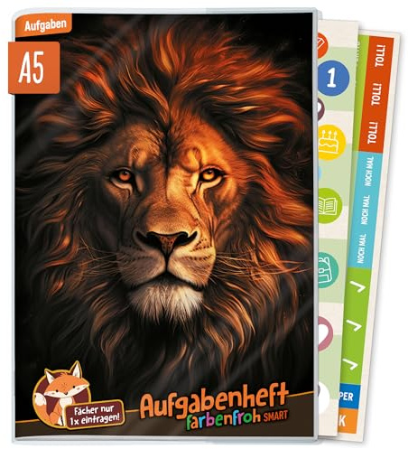 Häfft® Hausaufgabenheft Grundschule A5 ohne Datum Löwe | Immer sichtbarer Stundenplan - undatiertes Aufgabenheft Farbenfroh Smart inkl. Schutzumschlag + Sticker