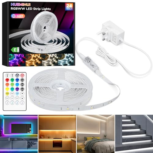 15M RGBWW+IC LED Strip,Dreamcolor+3000K-6500K Warmweiß Naturweiß Kaltweiß | LED Streifen mit Fernbedienung,Selbstklebende Schneidbare 24V LED Lichtband für Zuhause Schlafzimmer Küche Treppe