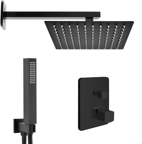 Set Doccia Completo Di Miscelatore Con Deviatore, Braccio Con Soffione 20 Cm E Kit Doccetta Con Presa Acqua E Flessibile In Finitura Nero Opaco Lotus