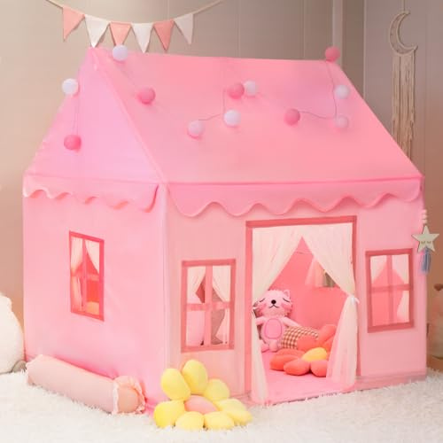 RONGFA Large Kids Tent Playhouse Basic Mat with Star Lights, Flags and Tote Bags, Play Tent Indoor & Outdoor, Washable Teepee Tent for Boys & Girls, Kids Play House for Toddler（Pink）