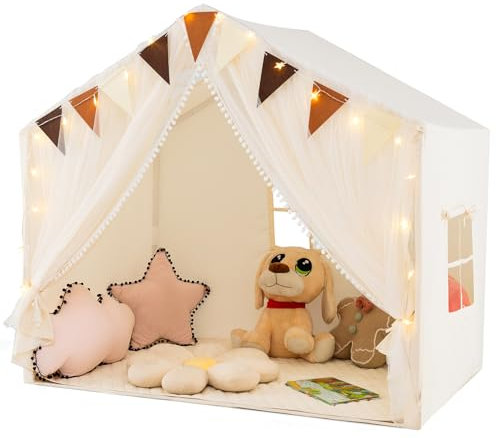 COSTWAY Kids Play Tent, Large Children Playhouse with Star Lights, Flag Banner, Cotton Mat and Windows, Indoor Castle Fairy Tents for Boys & Girls (Beige)