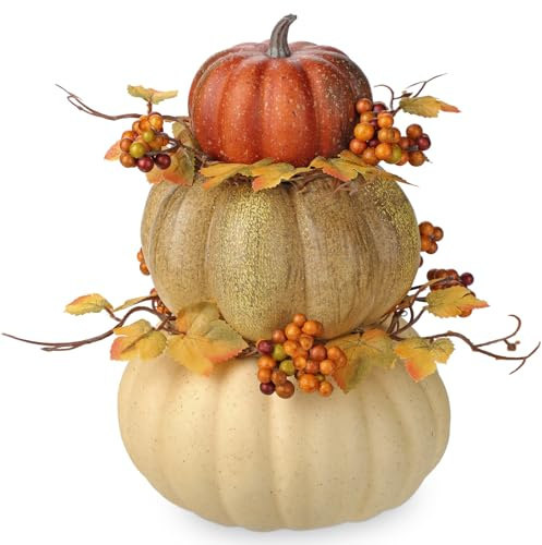 Oairse Künstlicher Kürbis mit Ahornblättern und Beeren Kürbis Tischdekoration für Halloween Herbstdekorationen, Herzstück für Herbsthochzeit, Herbst-Wohnkultur, Thanksgiving-Dekoration