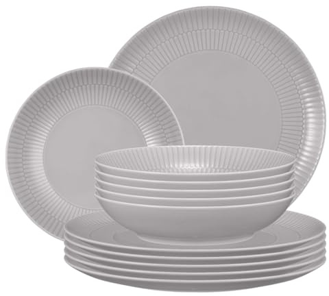 Seltmann Weiden Amina Silbergrau Tafelservice 12-teilig, Runde Speiseteller (28 cm) und Suppenteller (21 cm) für 6 Personen, Geschirr-Set mit dezentem Relief-Muster, Porzellan, Grau