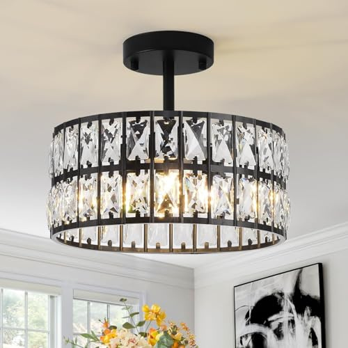 MSSIAN Schwarzer Kristallkronleuchter Rund 30cm 4xG9 dimmbar Halbeinbau Deckenlampe für Kücheninsel Foyer Flur Esszimmer