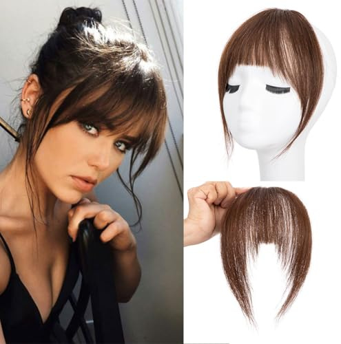 Clip-in-Pony, 100% Echthaar-Extensions für Damen, französischer Pony, Kunsthaarverlängerung, Pony mit Bügeln (Dunkelbraun)